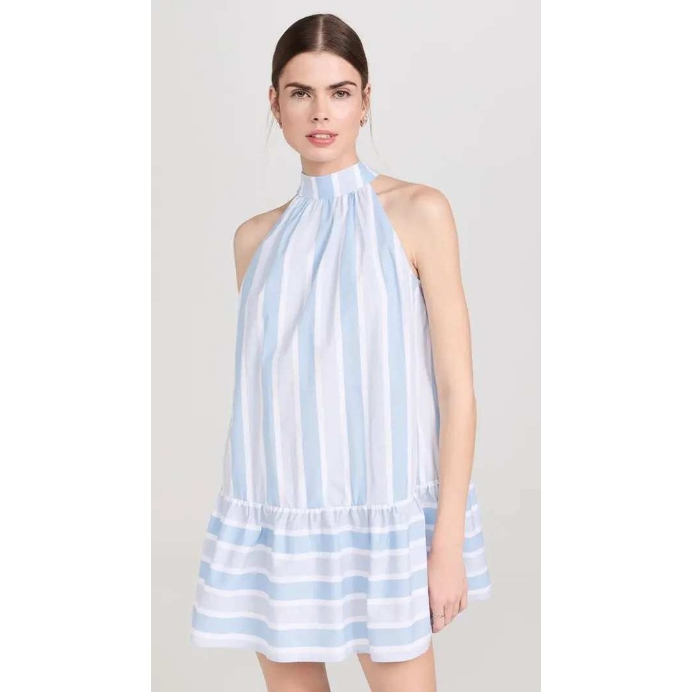 STAUD Blue White Striped Halter Mini Dress Drop Waist Ruffle Women Size S
